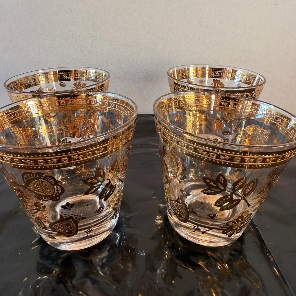 Vintage MCM Culver VALENCIA 1960s 22K Look GOLD Whiskey Glasses Set of 4